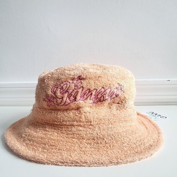 New GANNI Logo Embroidered Terrycloth Bucket Beach Hat Peach Fuzz NWT Size XS/S main image 6
